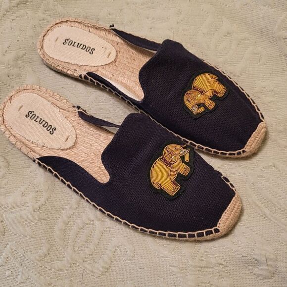 Soludos Navy Canvas w/Elephant Appliques Espadrille Flat Mule Sandals 7M $175 - Picture 1 of 11